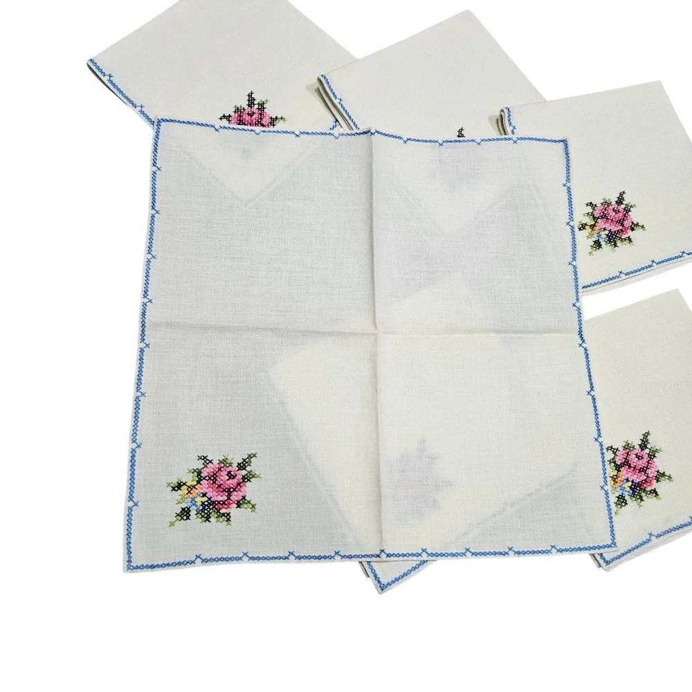 Vintage Set of 6 Embroidered Cocktail Napkins Floral Pink‎ Blue Cross Stitch